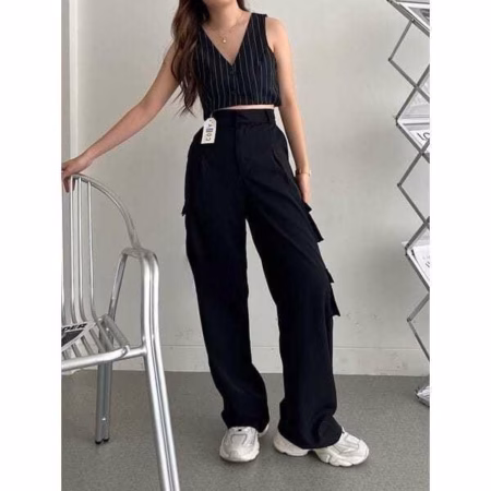 Women Korean Cargo Black Pants