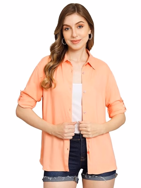 Women Solid Casual Peach Shirt