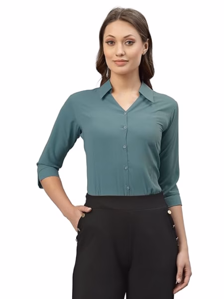 Women Poly Solid Mint Green Shirt