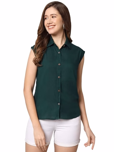 Women Plain Sleevesless Dark Green Shirt