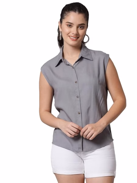 Women Plain Sleevesless Grey Shirt