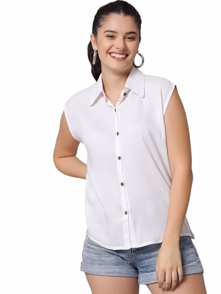 Women Plain Sleevesless White Shirt