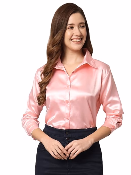 Women Formal Satin Pink Shirt