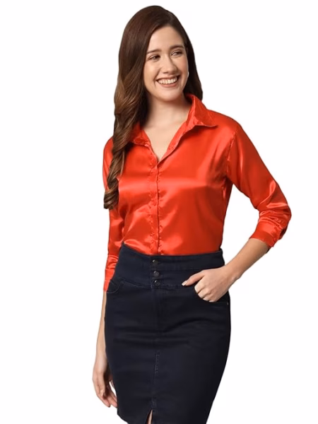 Women Formal Satin Red Shirt