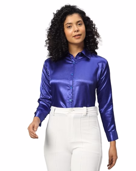 Women Formal Satin Royal Blue Shirt