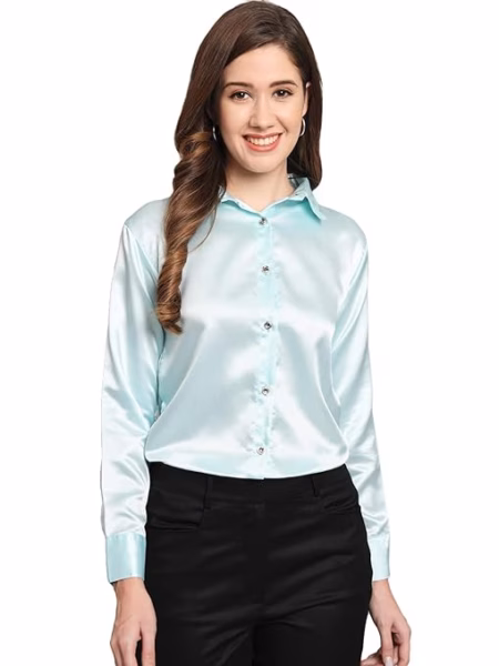 Women Formal Satin Sky Blue Shirt