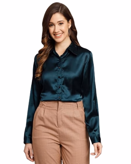 Women Formal Satin Dark Green Shirt