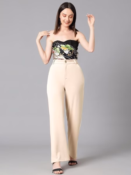 Women's High Rise Beige Cotton Fit Trousers