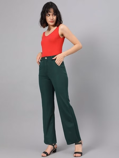 Women's High Rise Green Cotton Fit Trousers