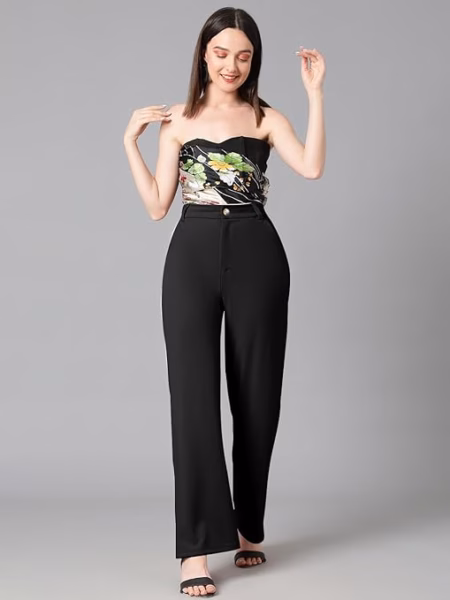 Women's High Rise Jade Black Cotton Fit Trousers