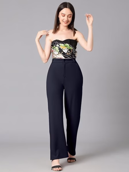 Women's High Rise Navy Blue Cotton Fit Trousers