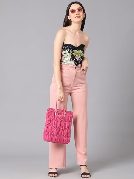 Women's High Rise Light Pink Cotton Fit Trousers