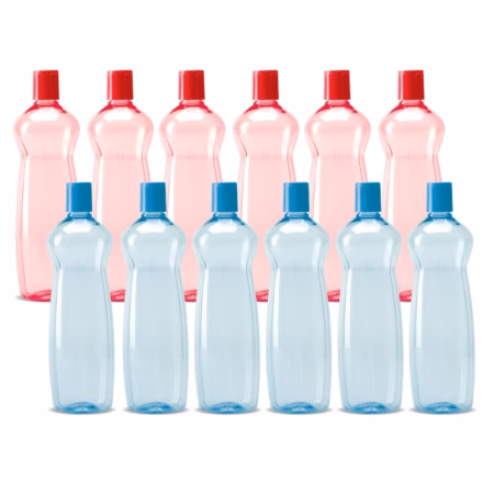 Milton Pacific 1000 Pet Water Bottles, 1 Litre Each, Set of 12, Sky Blue and Red 1000 ml Bottle??(Pack of 12, Blue, Red, PET)