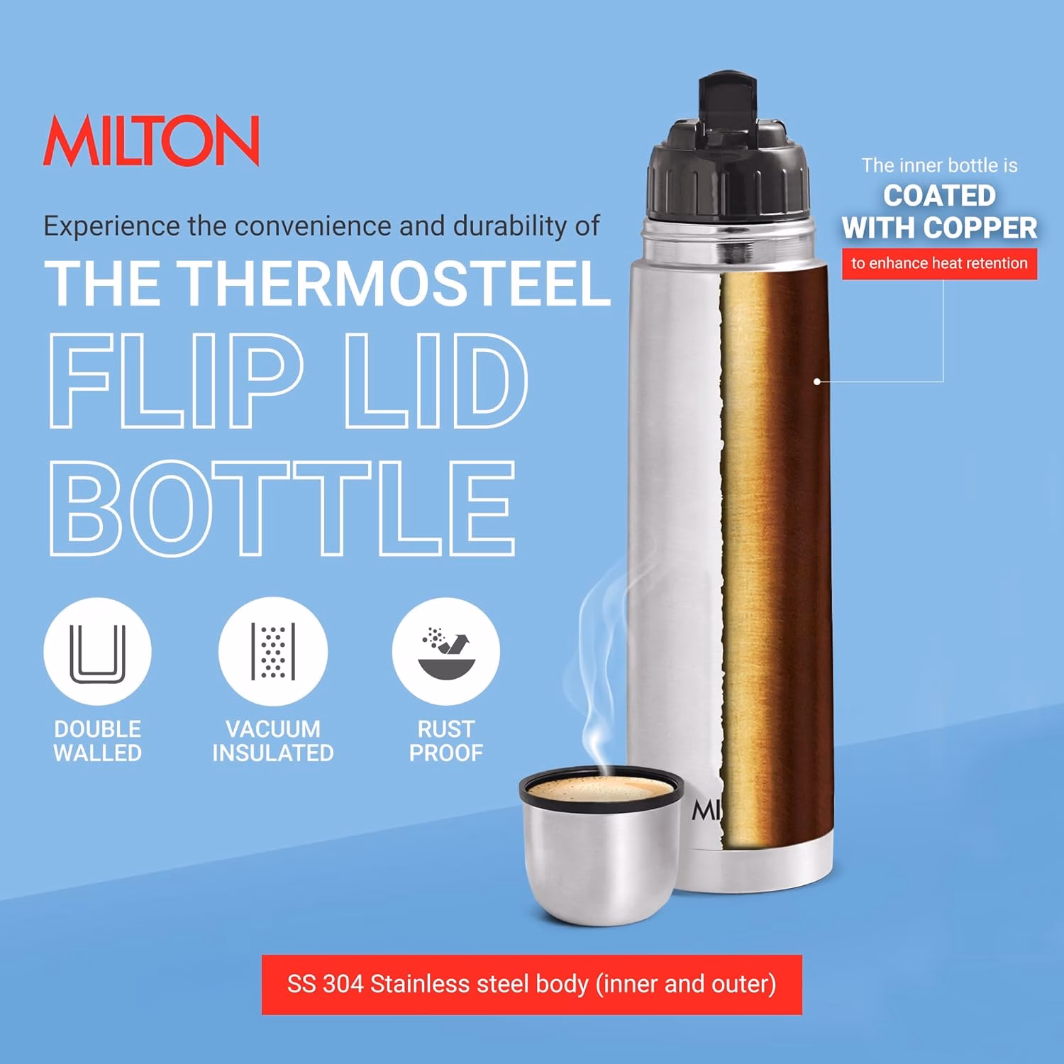 Milton Thermosteel Flip lid 1000 ml Flask??(Pack of 1, Silver, Steel) - Image 3